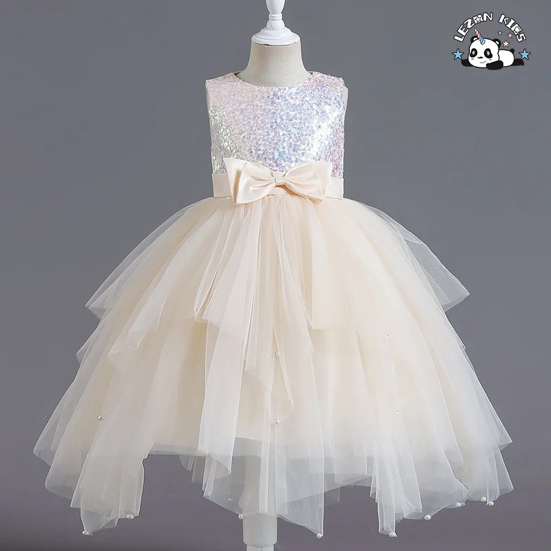 LEZONKIDS - Girls' Dress Sleeveless Skirt Irregular Short Dress Mesh Sequin Dress